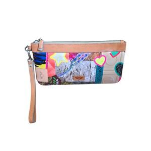 Consuela Patches Legacy Leather Cloth Coated Canvas Slim Wallet Clutch Wristlet